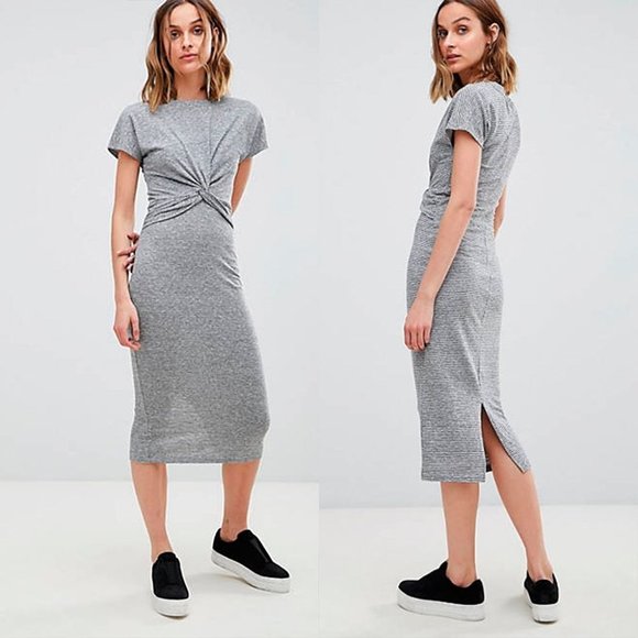 ALL SAINTS Paloma Striped Midi Dress with Knot Front Charcoal Grey Sz XS - Picture 1 of 12